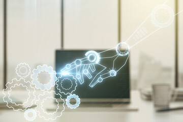 Aufkleber - Creative concept of robotics technology on modern laptop background. Robot development and automation concept. Multiexposure