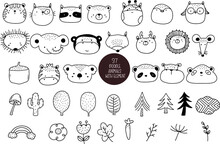37 Woodland Animals Bundle Coloring Forest ,
Head Animal, Big Collection Of Decorative For Kids,baby Characters,
Card,hand Drawn,
Cartoon Style, Vector.vector Illustration  
