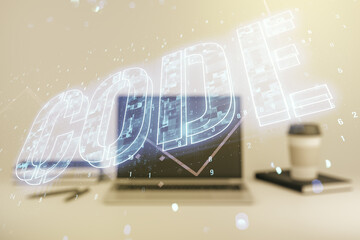 Poster - Creative Code word hologram on modern computer background, artificial intelligence and neural networks concept. Multiexposure
