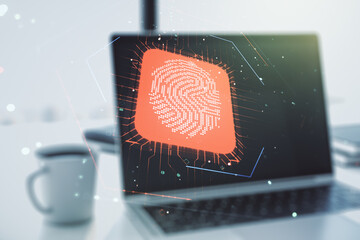 Poster - Double exposure of abstract creative fingerprint hologram on computer background, protection of personal information concept
