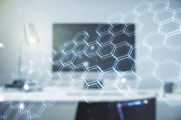 Poster - Double exposure of technology hologram with hexagon on laptop background. Research and development software concept