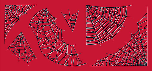 Spider web set isolated on red background. Spooky Halloween red cobwebs. Outline vector illustration
