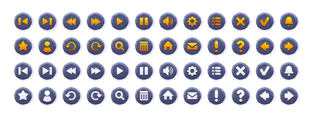 Poster - web or game buttons with stone texture and menu icons. vector cartoon set of circle rock buttons wit