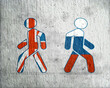 Image relative to politic and economic relationship between United Kingdom and Russia. Pedestrians moving in opposite directions and textured by national flags