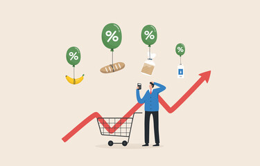 Food inflation, Consumer price index or CPI. Prices of commodities and consumer goods rose due to rising inflation. Consumer goods float with air balloons.