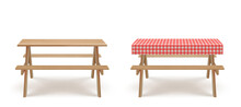 Wooden Picnic Table With Long Benches And Red White Checkered Tablecloth 3d Realistic Vector. Camping, Garden Or Park Wood Furniture For Barbecue With Seat And Textile Cover, Isolated On Background,