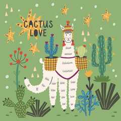 Wall Mural - Fluffy llama in nature among cacti. Alpaca animal nature print hand drawn doodle naive design vector art illustration. Cactus love