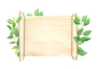 Wall Mural - Horizontal banner with medieval scroll and green leaves. Eco-friendly concept