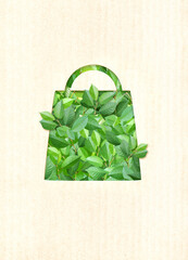 Wall Mural - Responsible consumption. Green leaves and shopping bag in paper cut style