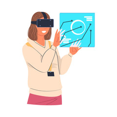 Sticker - Woman Wearing Virtual Reality Headset Working with Graph Scheme on Display Vector Illustration