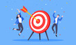 © Konstantin - Goal achievement business concept sport target icon and arrow in the bullseye. Happy people jump in the air near giant target flat style design vector illustration.