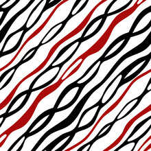 Vector Seamless Geometric Pattern On White Background Black-red Wavy Stripes For Fabric Design
