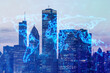 Glowing blue map and digital data concept on bright city background. Info, news and planet concept. Double exposure.