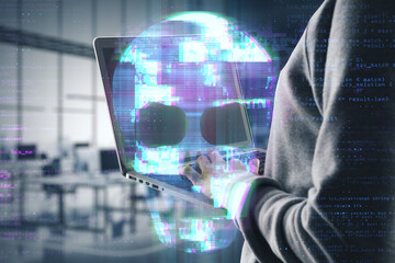 Fototapete - Close up of hacker hands using laptop with abstract digital skull hologram on blurry office interior background. Hacking, malware and phishing concept. Double exposure.