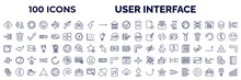 Set Of 100 User Interface Web Icons In Outline Style. Thin Line Icons Such As Low, Paper Plane Flying, Round Done Button, Downward Rotation, Indent, Note Blog, Export Arrow, Data Analytics Cylinder,