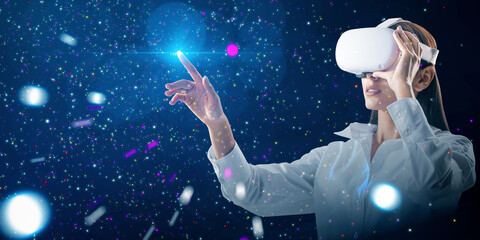 Aufkleber - Abstract double exposure image of attractive young white european woman with VR glasses pointing at starry sky space background. Metaverse, future and wearable device concept.