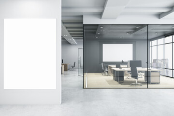 Poster - Modern glass office interior with empty mock up banner on wall, window and city view, furniture and equipment. Workplace concept. 3D Rendering.
