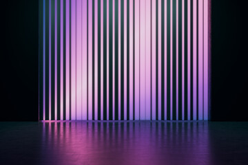 Poster - Dark interior with purple light blinds wall and mock up place. Presentation concept. 3D Rendering.