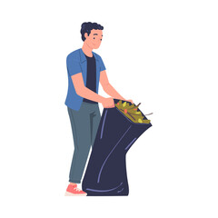 Wall Mural - Man Volunteer Cleaning Picking up Garbage and Foliage in Bag Vector Illustration