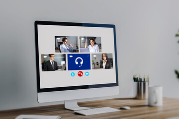 Poster - Close up of computer with creative video conference call on screen at workplace. Work, home and remote team concept.