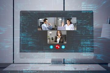 Poster - Close up of computer with creative video conference call on screen. Work, home and remote team concept.