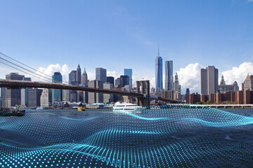 Poster - Urban city background with abstract polygonal wave waterfront mesh and daylight. Double exposure.