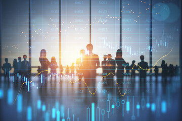 Stock market business and trading concept with digital screen with financial chart graphs and candlestick and group of people in office at sunset, double exposure