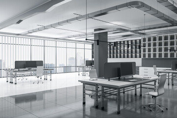 Poster - Bright glass office interior with window and city view, furniture and equipment. Workplace concept. 3D Rendering.