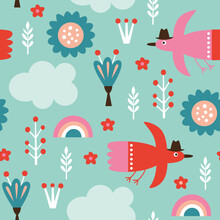 Seamless Pattern With Funny Birds And Flowers. Fabric Pattern, Kids Apparel Print, Wrapping Gift Paper	
