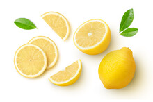 Fresh Organic Yellow Lemon Fruit With Slice And Green Leaves Isolated On White Background . Top View. Flat Lay.