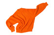 orange wool sweater, levitates like a superhero, one hand up, on a white background