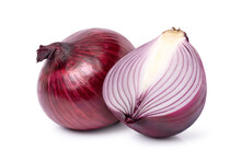 Fresh Red Onion And Cut In Half Sliced Isolated On White Background.