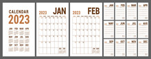 Planner 2023 Year. English Brown Vector Vertical Calendar Template. Design Collection. New Year. Week Starts On Sunday