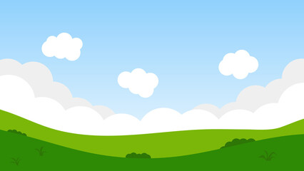 Wall Mural - landscape cartoon scene with green hills and white cloud in summer blue sky background