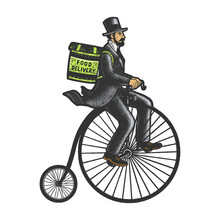 Vintage Food Delivery Man On High Wheel Penny Farthing Bicycle Color Sketch Engraving Raster Illustration. T-shirt Apparel Print Design. Scratch Board Imitation. Black And White Hand Drawn Image.