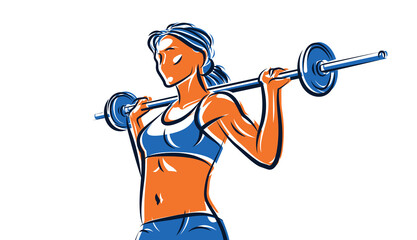 Push the barbell gym and fitness vector illustration of a young attractive woman doing workout exercises with a barbell, perfect muscular athletic body young adult girl sport training.