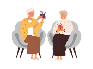 Elderly women exchanging holiday gifts. Female friends of senior age giving and receiving present boxes. Happy old ladies with surprises in hands. Flat vector illustration isolated on white background