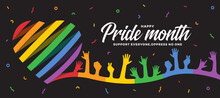 Happy Pride Month - Rainbow Pride Ribbon Roll Heart Shape With Hands Raised And On Black Background Vector Design