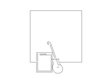 Music Equipment In Line Art Drawing Style. Composition Of An Electric Guitar And Amplifier. Black Linear Sketch Isolated On White Background. Vector Illustration Design.