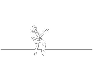 Wall Mural - Guitar player in line art drawing style. Composition of a musician playing. Black linear sketch isolated on white background. Vector illustration design.