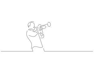 Wall Mural - Trumpet player in line art drawing style. Composition of a musician playing. Black linear sketch isolated on white background. Vector illustration design.