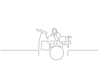 Wall Mural - Drummer in line art drawing style. Composition of a musician playing. Black linear sketch isolated on white background. Vector illustration design.
