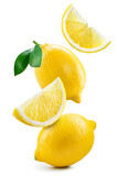 Fototapeta  - Lemon fruit isolate. Lemon whole, half, slice, leaf on white. Falling lemon slices with leaves. Flying fruit. Full depth of field.