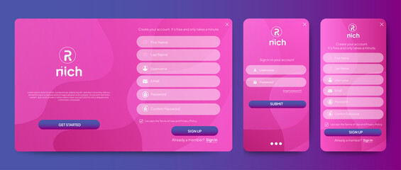Poster - Set of Sign Up and Sign In forms. Red gradient background with modern logo. Registration and login forms page. Professional web design, full set of elements. User-friendly design materials.