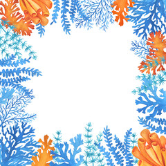 Template, frame with underwater life objects blue and orange sea plants. Illustrations of tropical aquarium seaweed. Marine aquarium flora design. Hand drawn watercolor painting on white background