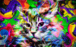 cat head with creative colorful abstract elements on light background color art