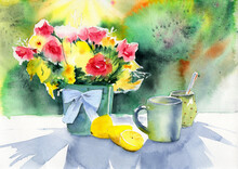 Watercolor Still Life With Sunlit Yellow And Red Flowers In A Vase, Several Lemons, A Tea Cup And A Jar Of Honey