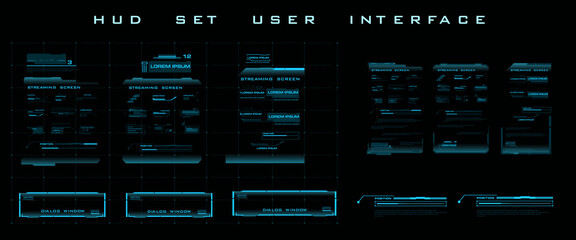 Poster - digital streaming screen panel pc with hud, gui, ui neon holographic elements set. frames for text, 