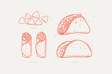Set of national mexican food in linear style. Traditional fast food: tacos, burritos and nachos on isolated background. Vector illustration for the menu of cafes, restaurants, markets and shops.