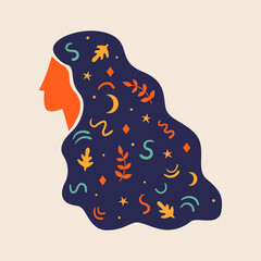 Wall Mural - Abstract woman profile with long hair. Hand drawn cutout silhouette of female character. Contemporary doodle art. Vector illustration